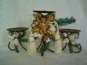 Golden Bronze Wrought Iron Triple Pillar Candle Holder/Gold Cherub Angel/Tassels - Picture 1 of 4