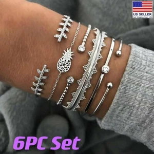 Moda Mujeres Juego de 6 piezas Joyería Pulsera Pulseras Retro Cristal Hoja de Piña 0484 - Imagen 1 de 5
