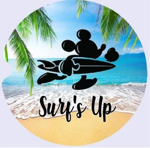 CAR COASTERS "SURF'S UP" Custom Mickey Mouse Surfer Neoprene Set of 2 Great Gift - Picture 1 of 3