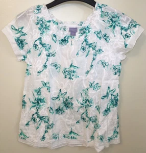 LAURA SCOTT BLOUSE EMBROIDERED WHITE WITH TEAL FLORAL WOMENS PETITE SIZE MP  - Picture 1 of 4