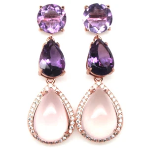 925 Plata de Ley 11 x 15Mm. Rosa Cuarzo Rosa, Amatista & Circonita Pendientes - Imagen 1 de 4
