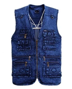 New Men's Outdoor Vest Denim Waistcoat Jacket fastener Multi-Pocket Jean coat - Picture 1 of 12