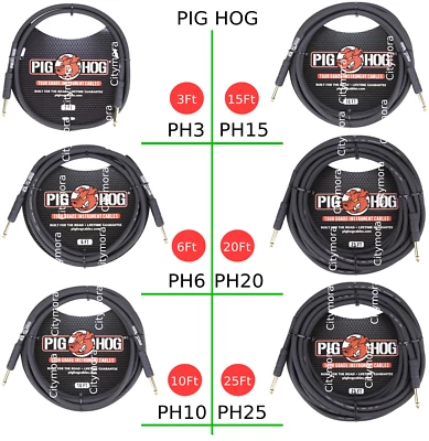 Pig Hog PH3/6/10/15/20/25 Straight Guitar Cord 8mm Instrument Patch Cable Black - Image 1 of 2