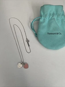 Please Return Tiffany & Co Silver Pink Enamel Mini Double Heart Necklace 16" - Picture 1 of 8