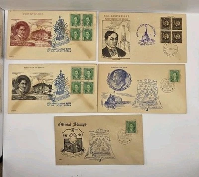 Filipinas 1946 y 1948 Dr. José Rizal Vintage Primer Día Cubierta.Lote de 5.Sin usar. Foto 1 de 4