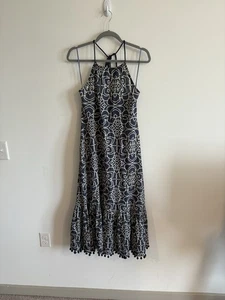 Zara Halter Maxi Dress Blue And Cream Pom Pom Trim Size Small - Picture 1 of 5