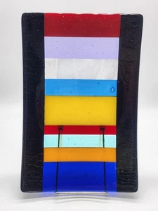 Handgefertigtes verschmolzenes Kunstglas Tablett dichroitisch bunt gestreift rechteckig Dekor - Bild 1 von 12