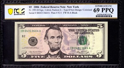 2006 $5 FEDERAL RESERVE NOTE NEW YORK FR.1993-B TOP POP PCGS B SUPERB GEM 69 PPQ - Image 1 of 4