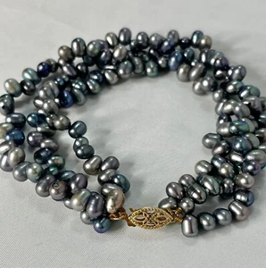 Triple Strands Twisted Peacock Freshwater Pearl Bracelet Gold Filigree Clasp 8" - Picture 1 of 6
