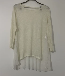 womens blouse top linen contrast sheer 3/4 sleeve pleated tunic size M cream - Picture 1 of 11