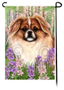 Spring Flowers Garden Flag - Red Sable and White Tbetan Spaniel - Picture 1 of 1