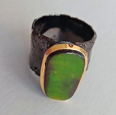 ANELLO IN ARGENTO STERLING 925 BRUNITO CON AMMOLLITE NATURALE - Immagine 1 di 4