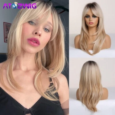  Peluca de cabello rubia sintética en capas con raíces oscuras fiesta diaria Foto 1 de 4
