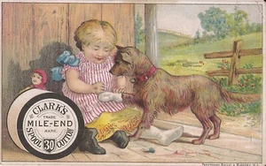 TRADE CARD 2¾" x 4½" - Clark's "Mile-End" Spool Cotton - Baby, Dog - Picture 1 of 2