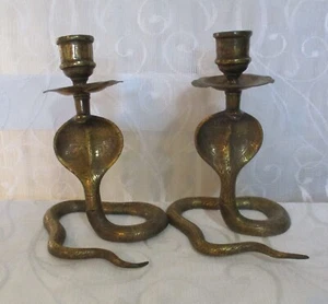 2 x Vintage Brass Cobra Snake Candlesticks 14cm Tall - Picture 1 of 12