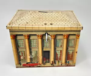 1930s Antique Belgium Biscuit Litho Tin Coin Money Bank Lithography Box w/Key - Picture 1 of 12