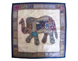INDIA HAND EMBROIDERY CARPET WALL HANGING APPLIQUE HANDCRAFTED ELEPHANT DESIGN - Picture 1 of 4