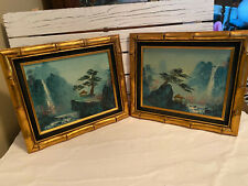 Pair of Original Japanese Waterfall Paintings by S. J. Young, Framed