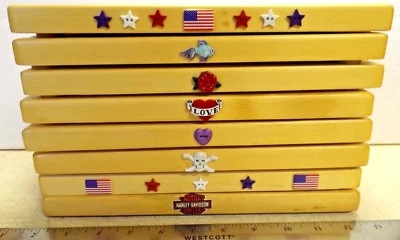 8 HANDMADE WOODEN DOMINO HOLDERS MEXICAN TRAIN with 5 ROWS 8 Decorative RACKS - Image 1 of 4