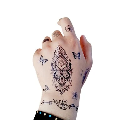 HIRAANI'S HENNA Temporary Tattoo Sticker Black Floral Butterfly Rose Flower Stick On Tattoo