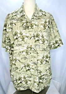 Men's Trader Bay Hawaiian Shirt S L Tan Floral Maps Island Names SS Button EUC - Picture 1 of 8