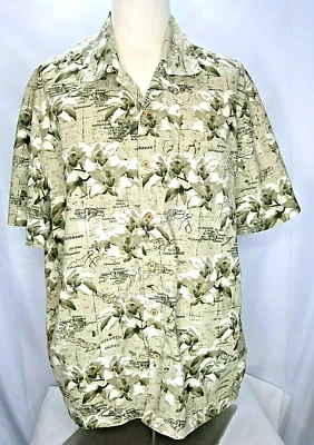 Men's Trader Bay Hawaiian Shirt S L Tan Floral Maps Island Names SS Button EUC - Image 1 of 4