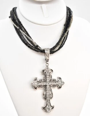 Collar Gargantilla 16" Multi-hiebra (9) Cruz Cristal Negro y Transparente Vidrio Semilla Cuentas Foto 1 de 3
