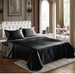 Cozylux Satin Bettwäsche King Size - 4 Stück Schwarz Bettlaken Set mit Seidiger Mikrofaser - Bild 1 von 3