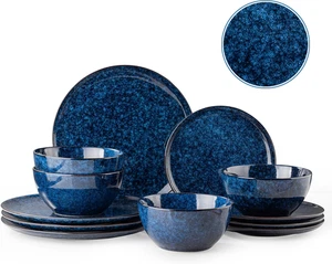 Plates and Bowls Sets, 12 Pieces Dark Blue Dinnerware Sets for Kitchen Reactive - Picture 1 of 12