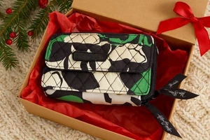 Vera Bradley Quilted Wallet – Black, White & Green Floral - Picture 1 of 6