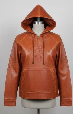 Embroidered Men Premium Leather Hoodie Handmade Genuine Lambskin Leather Hoodie - Image 1 of 4