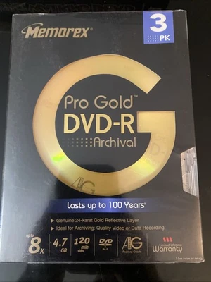 New Memorex 4.7 GB Pro Gold Archival DVD-R 3 Pack 8x 120Min Sealed - Image 1 of 2