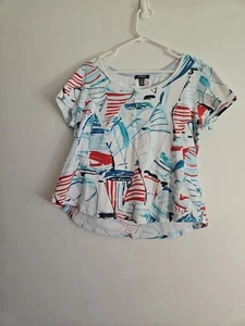 Chaps Blouse Women's Size 1X Red White&Blue Abstract Sailboat Scoop Neck Cotton - Picture 1 of 7