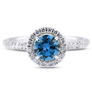 Anillo de compromiso con halo de oro de 18 k con diamantes extraídos terrestres redondos SI2 azul de 1 quilate - Imagen 1 de 10