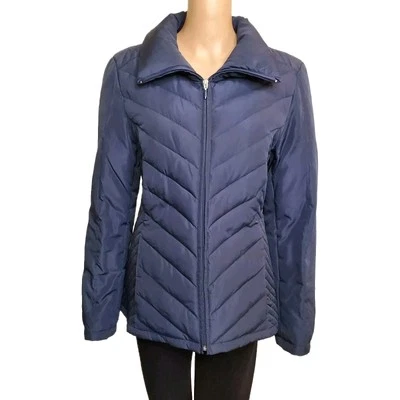 Kenneth Cole L Down Puffer Coat Navy Blue Quilted Jacket Full  Zip EUC Womens - Image 1 of 4
