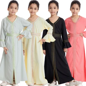 Children Kaftan Abaya Kids Girls Long Dress Muslim Robe Modest Islamic Robe Gown - Picture 1 of 256