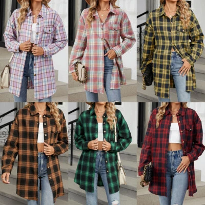 Oversized Women's Flannel Shirt with Long Sleeves and Check Plaid Design - Image 1 of 4