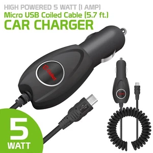 Micro USB Coiled Cable (5.7 ft.) Car Charger, High Powered 5 Watt (1 Amp) - Picture 1 of 7