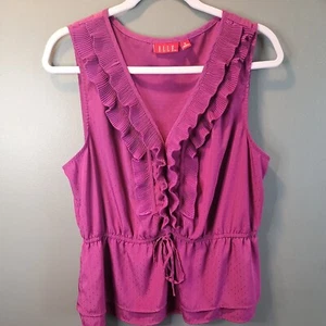 Elle women size XL tank top magenta color Ruffed V neck with raised tie string - Picture 1 of 10