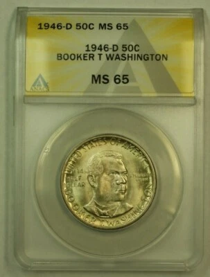 1946-D Booker T Washington Commemorative Silver Half Dollar 50c ANACS MS-65 - Image 1 of 2