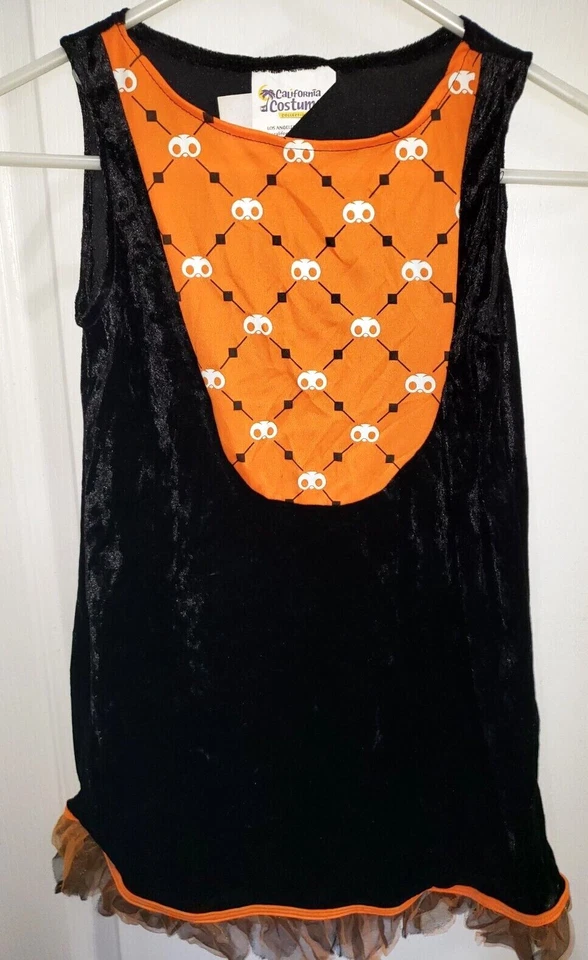 niñas grande NARANJA NEGRO HALLOWEEN BRUJA VESTIDO CALAVERAS JUMPER grande 6-7? terciopelo Foto 1 de 1