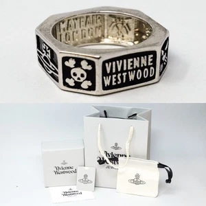 Vivienne Westwood Ring Silver Plated & Black Skull Orb Logo Gift Box Size L 1/2 - Picture 1 of 9