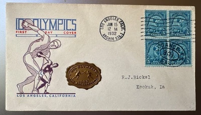 1932 5c Los Angeles Olympics Blk of 4 Decker FDC With Special Seal Scott #719 - Image 1 of 3