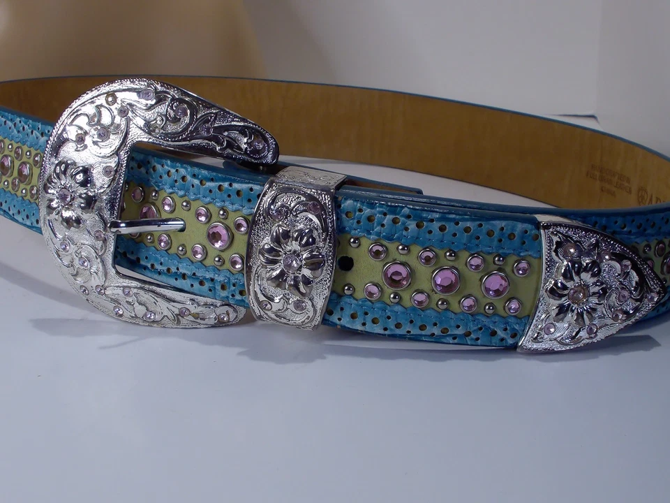 Ariat, Hebilla Plateada Artesanal, Estrás, Cinturón Cuero Azul/Verde.  Foto 1 de 4