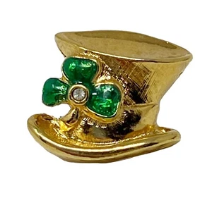 Vintage AVON Shamrock 3 Leaf Clover Top Hat Lapel Pin Gold Tone Color Metal - Picture 1 of 6