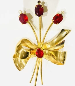 Coro Brosche signiert Gold Schleife rote Strass Vintage Anstecknadel - Bild 1 von 4