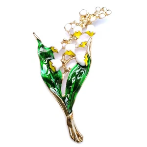 Brooch Lily of The Valley White Pearl Flower Gold Green Leaves Elegant Suit Pin - Picture 1 of 11