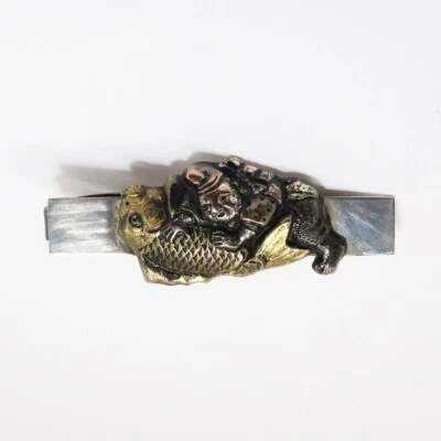 Vintage Japanese Sterling Silver Shakudo Menuki Tie Clip with Man Catching Carp - Image 1 of 4