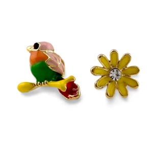 Stud Earrings Multicolour Bird & Yellow Flower Enamel with Crystal Gold Plated - Picture 1 of 16
