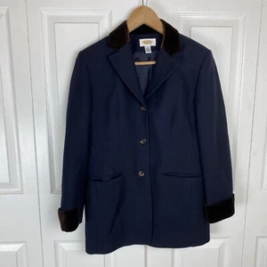 Giacca Blazer Talbots Petite 2 Vintage 100% Lana Finiture Velluto Collare Blu Navy - Foto 1 di 4